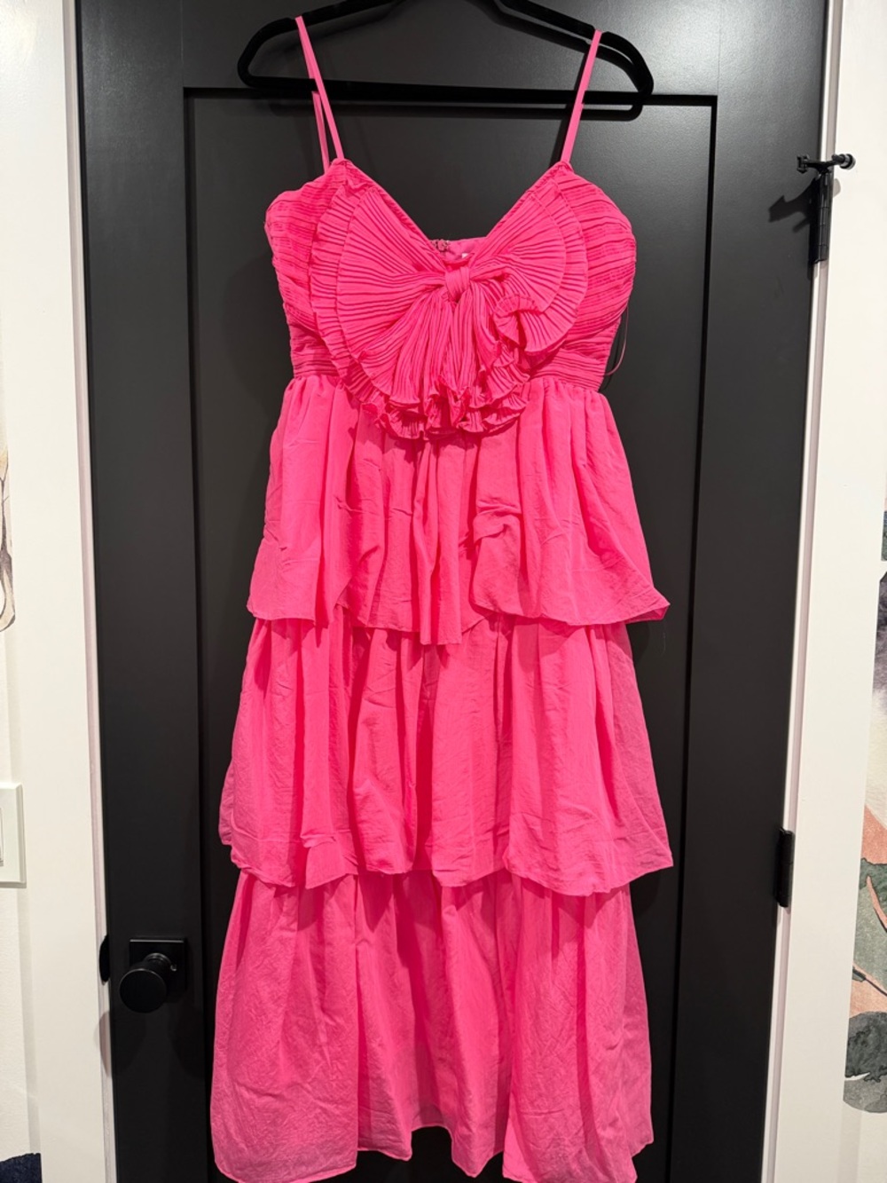 Hot Pink Tiered Midi Sundress with Bow-Front Bodice
